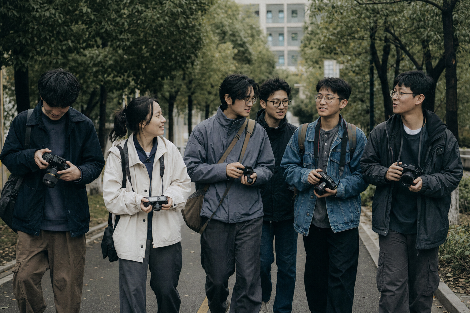 一群虚构的中国大学生摄影社成员在校园采风的活动占位照片