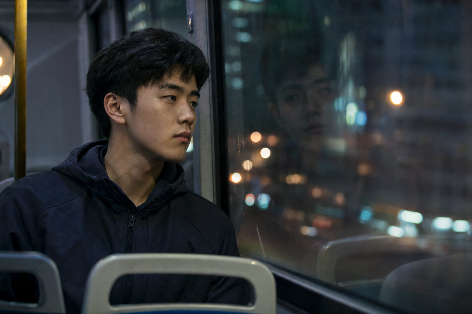 虚构青年坐在夜间公交车窗旁的人像占位作品